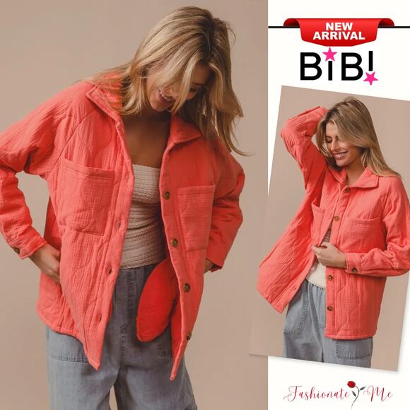 BiBi Quilted Wrinkle Gauze Long Sleeves Chest Pockets Oversized Shacket | Coral - Picture 1 of 5